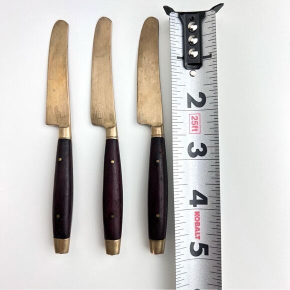 Vintage Brass Teak Inlaid Wood Butter Knives Set Of 3 - Picture 7 of 7